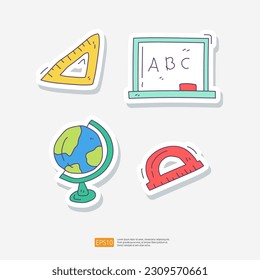 Whiteboard, Earth Globe, Triangle and Arc Ruler. School and Study Doodle Sticker Icon Set Vector Illustration