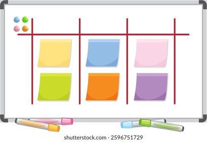 Whiteboard featuring sticky notes and markers for planning
