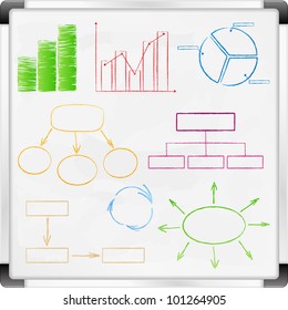Whiteboard with graphs and diagrams, vector eps10 illustration