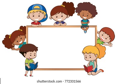 Whiteboard and happy kids around it illustration