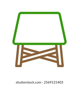 Whiteboard icon with green frame and brown stand. Concept of presentation, teaching, and learning.