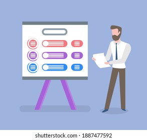 Whiteboard with information vector, male wearing suit with tie holding documents and business analysis specialist with infocharts, schemes on board