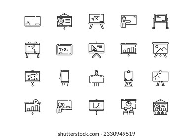 Whiteboard lines icon set. Whiteboard genres and attributes. Linear design. Lines with editable stroke. Isolated vector icons.