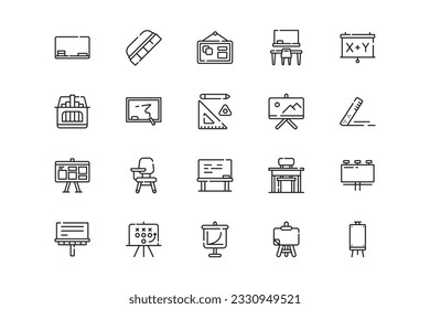 Whiteboard lines icon set. Whiteboard genres and attributes. Linear design. Lines with editable stroke. Isolated vector icons.