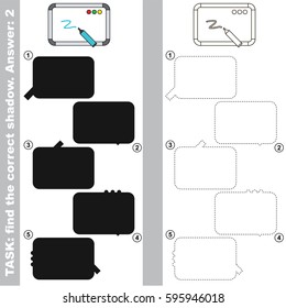 Whiteboard with marker with different shadows to find the correct one, compare and connect object with it true shadow, the educational kid game with simple gaming level.