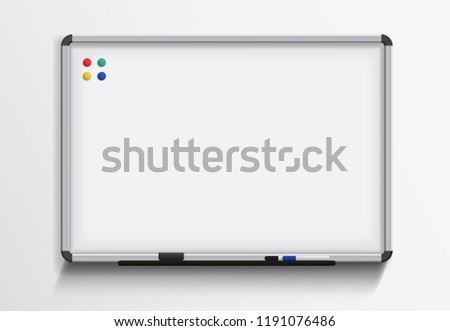 Whiteboard with marker and magnets. Vector realistic template on white background