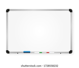 Whiteboard for markers. Presentation, empty projection screen. Office and study tool isolated on white background. Vector illustration.