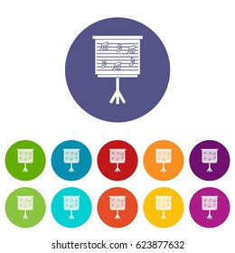 Whiteboard with music notes icons set in circle isolated flat vector illustration