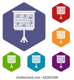 Whiteboard with music notes icons set hexagon isolated vector illustration