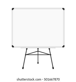 Whiteboard on a tripod. Billboard and business, education and empty space illustration. 3d render of blank presentation or projector roller screen isolated on white.