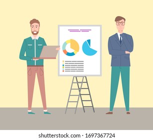 Whiteboard with pie diagram and scheme vector, people proud to present business data, male with laptop and structured information, business concept