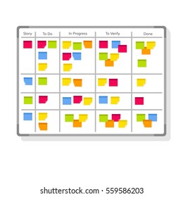 Whiteboard con post nota para el desarrollo ágil de software. Colgar la tabla kanban de tareas de limpieza con notas pegajosas con tareas para trabajo en equipo y administración visual. Ilustración vectorial EPS10 de estilo plano.