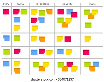 Whiteboard con post nota para el desarrollo ágil de software. Colgar la tabla kanban de tareas de limpieza con notas pegajosas con tareas para trabajo en equipo y administración visual. Ilustración vectorial EPS10 de estilo plano.