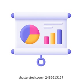 Presentación de pizarra con gráfico circular y gráfico. Datos, análisis de negocios y finanzas, datos infográficos y estadísticos. Icono de Vector 3d. Dibujos animados estilo minimalista.