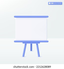 Pizarra para presentación y símbolo de icono del trípode del proyector. Equipo para conferencias y estrategia de marketing, concepto de negocio. Diseño de ilustración aislada vectorial 3D. Dibujo en tonos pastel Estilo minimalista.