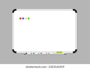 Whiteboard. Realistic Empty office white marker board. Whiteboard with marker pens and a sponge. Mock-up office white blackboard. Office Whiteboard template. Vector illustration