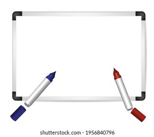 Whiteboard with red and blue marker pens.Board for office and classroom.Back to school concept.Stationery for university.Object on white background.