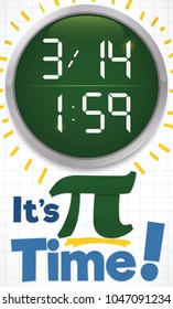 Whiteboard with rounded digital clock showing the date and hour for Pi Day celebration: 14th March at 1:59.