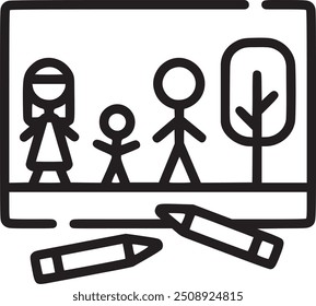 Whiteboard with stick figures, representing education or group collaboration. Whiteboard with stick figures icon representing education, group collaboration, and instructional tools. EPS