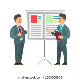 Whiteboard with text and data vector. Man giving presentation on seminar, boss listening to orator and adding remarks. People working in business field