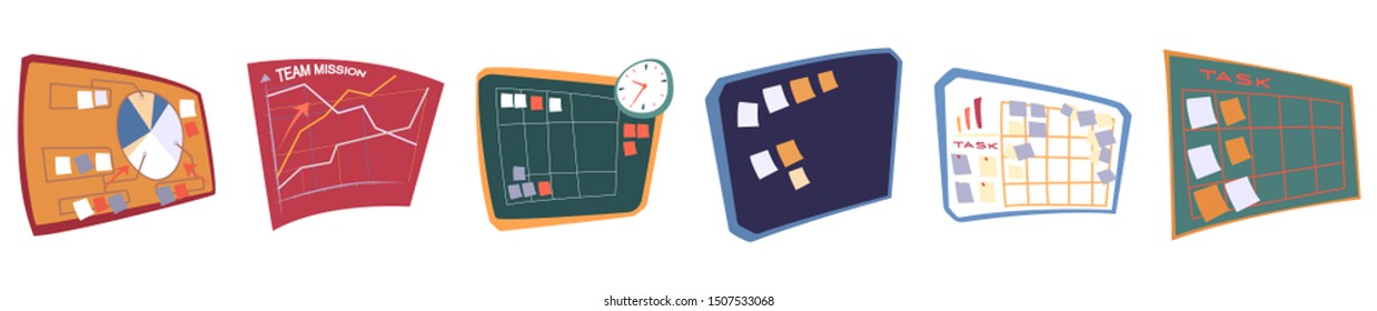 Whiteboard for time management and workflow optimization vector. Board with tasks on stickers. Reminders and motivation for office workers. Table with dates and deadlines time flat style set