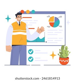 Whiteboarding concept. Professional presenting data visualization on a large board, elucidating trends and insights. Effective tool for team comprehension. Visual aid for clarity. vector illustration