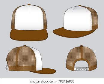 White-brown hip hop cap with mesh at side and back panels, adjustable snap back closure strap design on gray background, vector file.