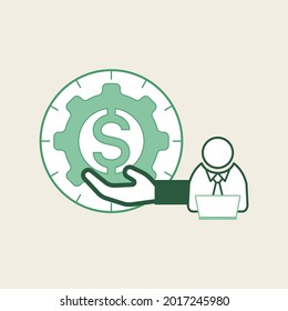 Trabajador de cuello blanco con mano recibiendo moneda en forma de volante dentro del reloj de oficina. Ilustración conceptual del salario. Estilo de diseño plano de la ilustración del vector.