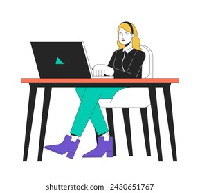 White-collar worker typing laptop workplace 2D linear cartoon character. European female isolated line vector person white background. Corporate employee in office color flat spot illustration