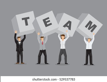 White-collar workers holding up letter blocks to form the word TEAM. Creative vector illustration for the concept on people from diverse background working as a team isolated on grey.
