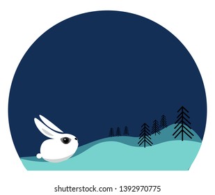 A white-colored hare stares into the sky over a blue background covered with snow and trees  vector  color drawing or illustration