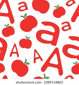 A white-colored Seamless background pattern of vector English alphabet A and apples.