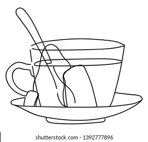 A white-colored tea bag with a tag dipped in a tea mug containing milk and spoon is ready to be enjoyed by someone  vector  color drawing or illustration