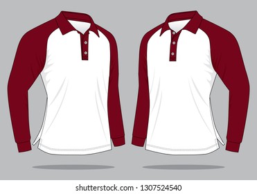 White-Crimson Raglan Long Sleeve Polo Shirt With Perspective View Design on Gray Background, Vector File