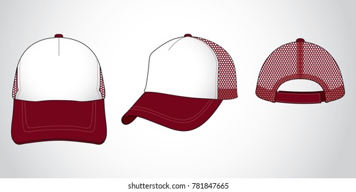 White-crimson trucker cap with mesh at side and back panel, adjustable with hook and loop closure strap back design on gray background, vector file.