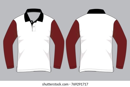 White-Crimson-Black  Long Sleeve Polo Shirt Design on Gray Background. Front and Back Views, Vector File