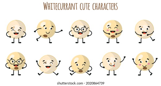 Whitecurrant fruit cute funny cheerful characters with different poses and emotions. Natural vitamin antioxidant detox food collection. Vector cartoon isolated illustration. Children concept.