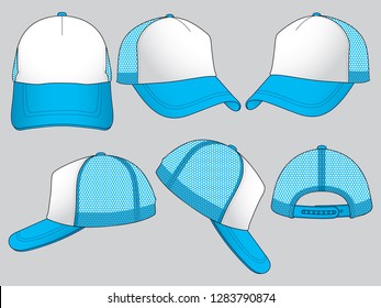 White-Cyan Blue Trucker Baseball Cap  With Mesh at Side and Back Panel, Adjustable Snap Back Strap Closure Design on Gray Background.