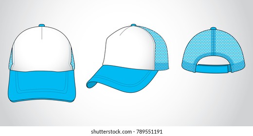 White-cyan blue trucker cap with mesh at side and back panel, adjustable with hook and loop closure strap back design on gray background, vector file.