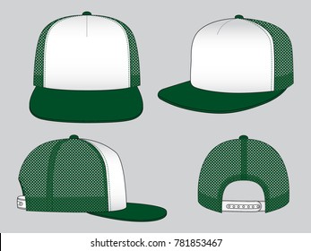 White-Dark Green Mesh Hip Hop Cap with Adjustable Snap Back Strap Closure on Gray Background, Vector File.