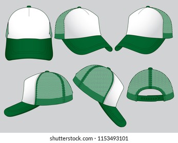 White-Dark Green Trucker Baseball Cap With Mesh at Side and Back Panel, Adjustable Snap Back Strap Closure Design on Gray Background.