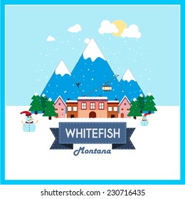 Whitefish, Montana, Winter Holiday destination flat design on snowy mountain background.