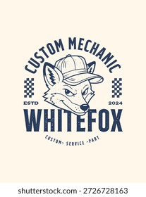 Whitefox Custom Mechanic Logo with Fox Wearing Cap and Checkered Flags