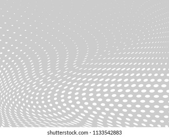 White-gray halftone background. Digital gradient. Abstract backdrop with circles, point, dots. Dotted pattern. Futuristic panel Vector illustration
