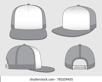 White-gray hip hop cap with mesh at side and back panels, adjustable snap back closure strap design on gray background, vector file.