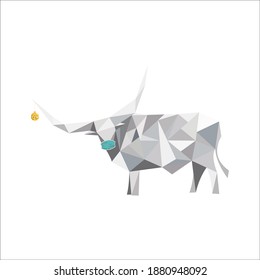 White-gray metal bull with large horns in a medical mask isolated on a white background. Symbol of 2021. Polygonal graphics. Vector illustration.