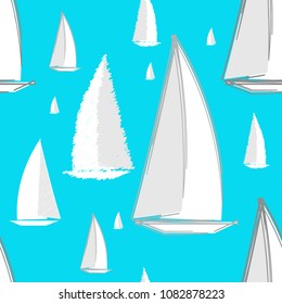 White-Gray sailing boats seamless pattern  on blue background. flat vector illustration, you can use it for wrapping paper, for fabric or for background