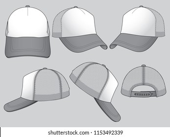 White-Gray Trucker Baseball Cap  With Mesh at Side and Back Panel, Adjustable Snap Back Strap Closure Design on Gray Background.