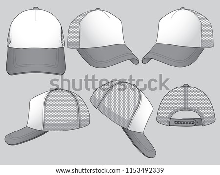 White-Gray Trucker Baseball Cap  With Mesh at Side and Back Panel, Adjustable Snap Back Strap Closure Design on Gray Background.