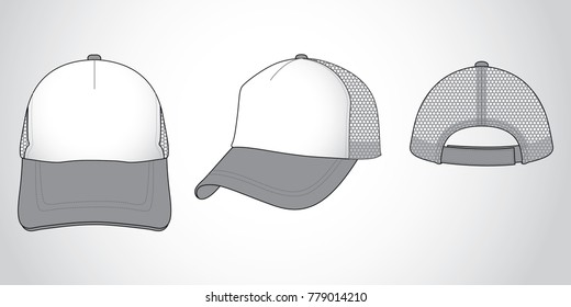 White-gray trucker cap with mesh at side and back panel, adjustable with hook and loop closure strap back design on gray background, vector file.